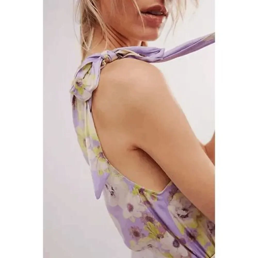 Free People Lavender One Shoulder Floral Silky Tie Shoulder Bodysuit Small NWOT
